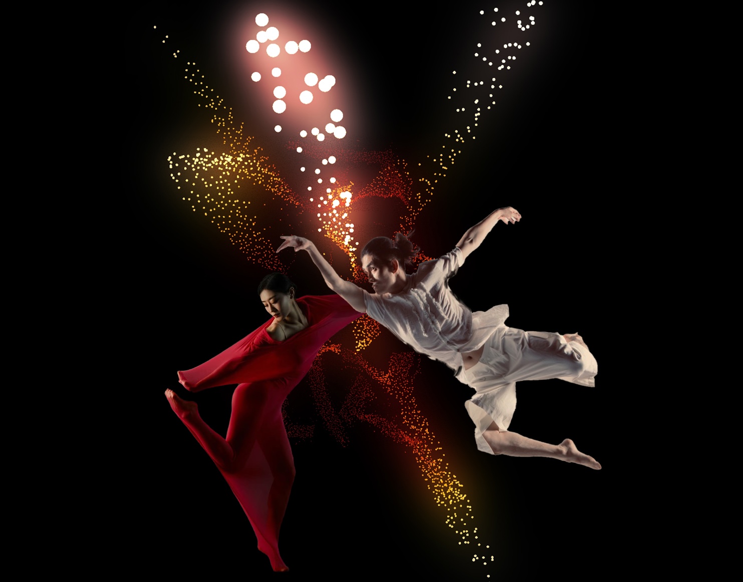 Two dancers leaping in the air in front of lights.; China Now Music Festival: Music in Motion
