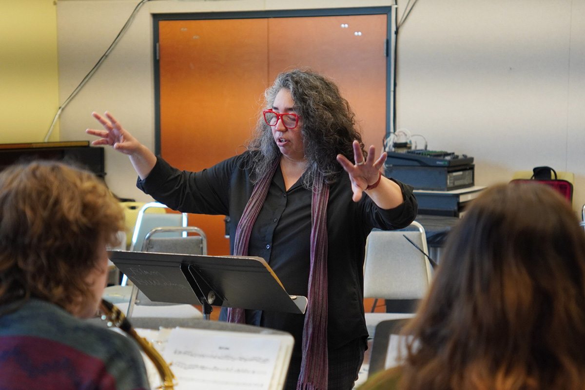 Image of Angelica Sanchez conducting a rehearsal of the Sun Ra Ensemble at Bard College. Photo by Jonathan Asiedu &rsquo;24; Listen Now on NPR