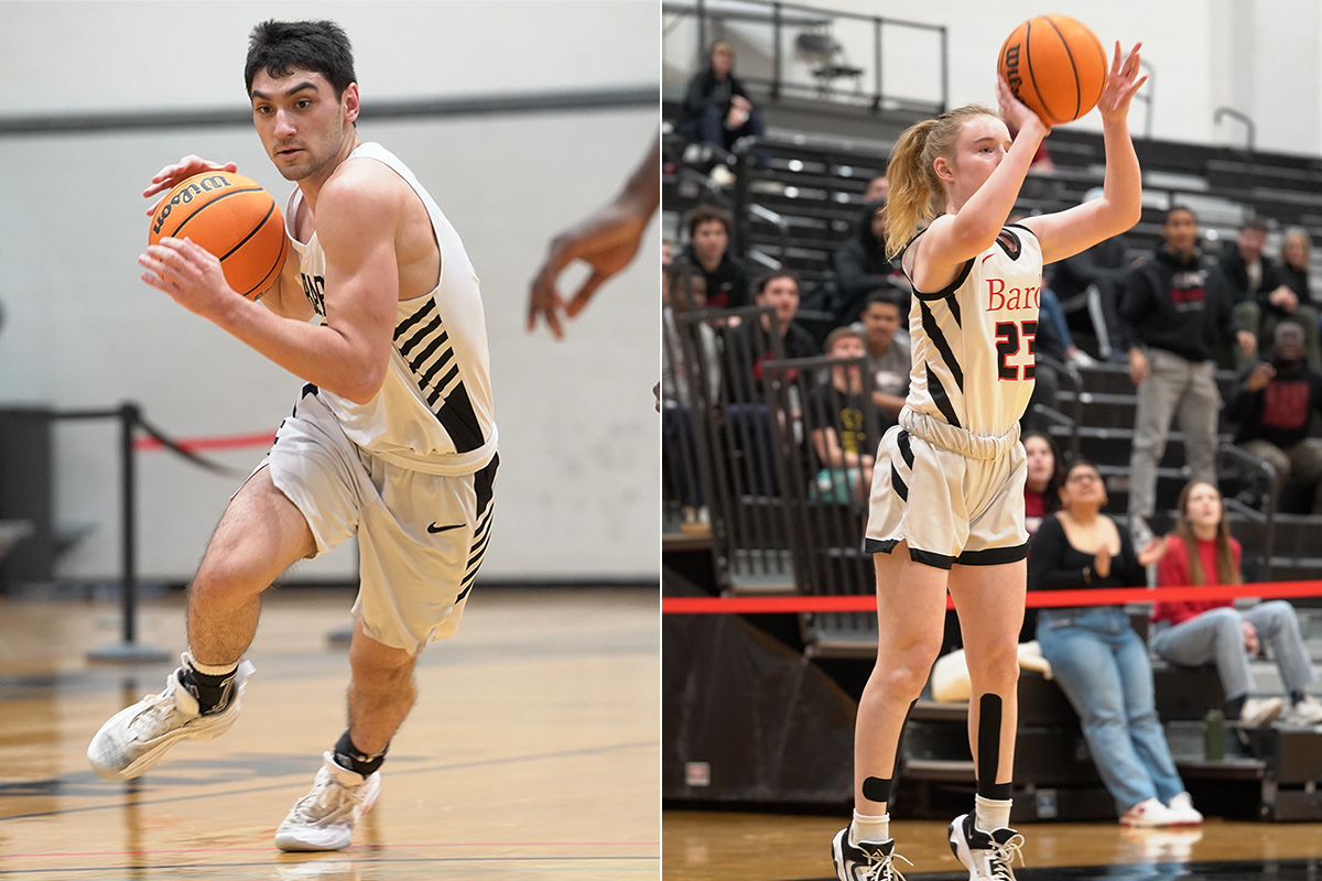 A composite image of two basketball games: one men's, one women's. On the left, a man can be seen dribbling a basketball. On the right, a woman is passing a basketball.