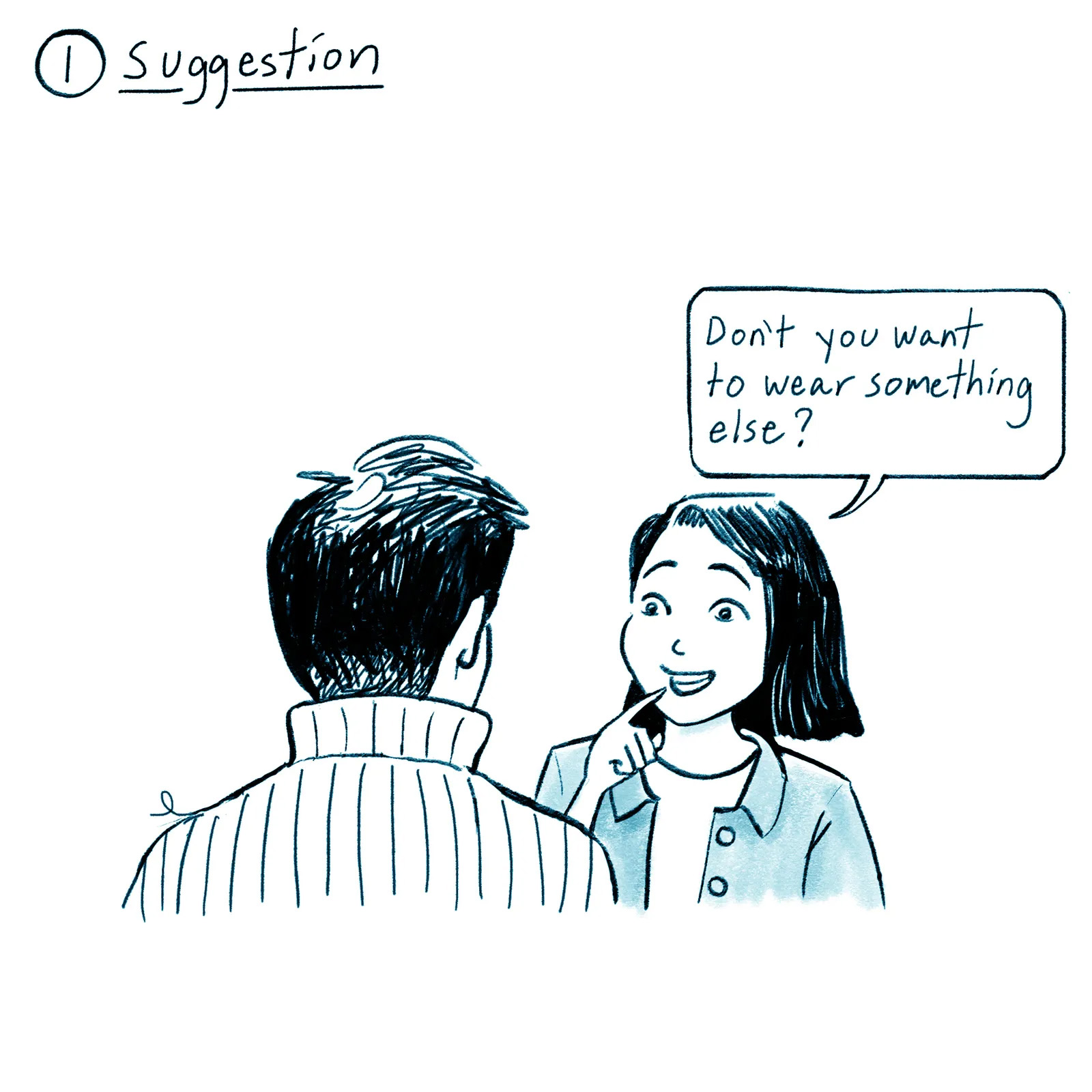 First panel of &ldquo;How to Disappear Your Partner&rsquo;s Ugly Sweater&rdquo; by&nbsp;Nguy&ecirc;n Kh&ocirc;i Nguy&#7877;n &rsquo;04. A cartoon drawing with the title &ldquo;1) Suggestion&rdquo; written at the top, with a drawing of a woman saying to a; Read More in the&nbsp;New Yorker
