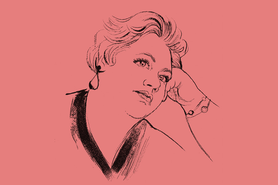 Artistic rendition of Stephanie Blythe. Illustration of a woman with short hair over a pink background.