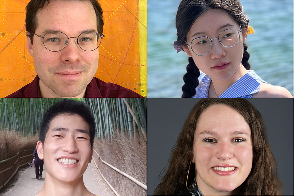 Close-up portraits of Associate Professor of Physics Paul Cadden-Zimansky, Ziyu Xu ’23, Shea Roccaforte ’21, and Li-Heng Henry Chang ’23.; Read in the American Journal of Physics