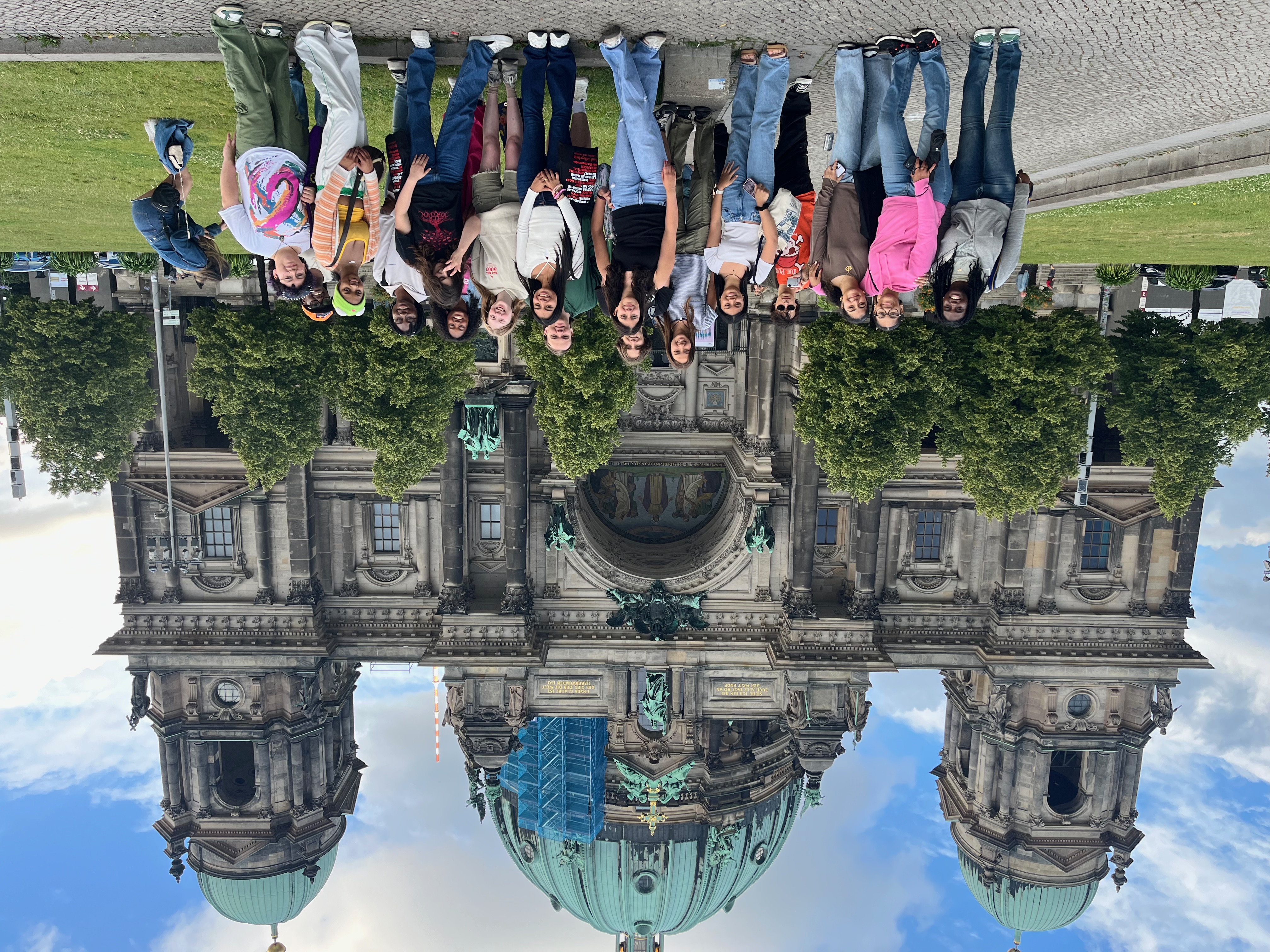 A group of students stand outside a landmark building in Berlin, Germany.