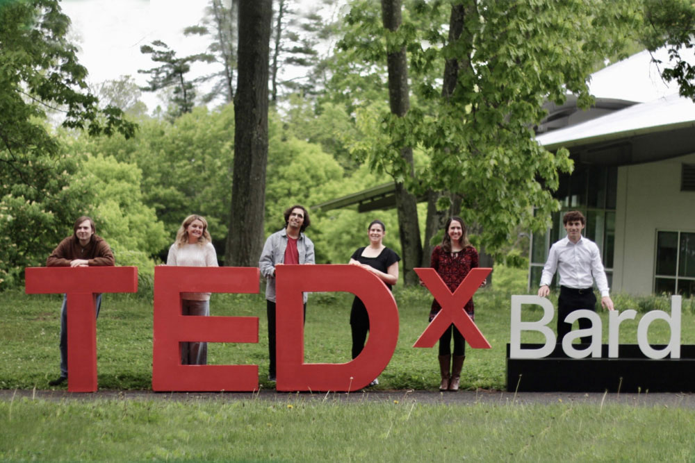 L–R: TEDx Bard organizers Tom Chitwood, first, Emily O'Rourke, second, Jay Siegal, third, and Thanasis Kostikas, sixth, are joined by Center for Civic Engagement project advisors Chaya Huber, fourth, and Sarah deVeer, fifth.