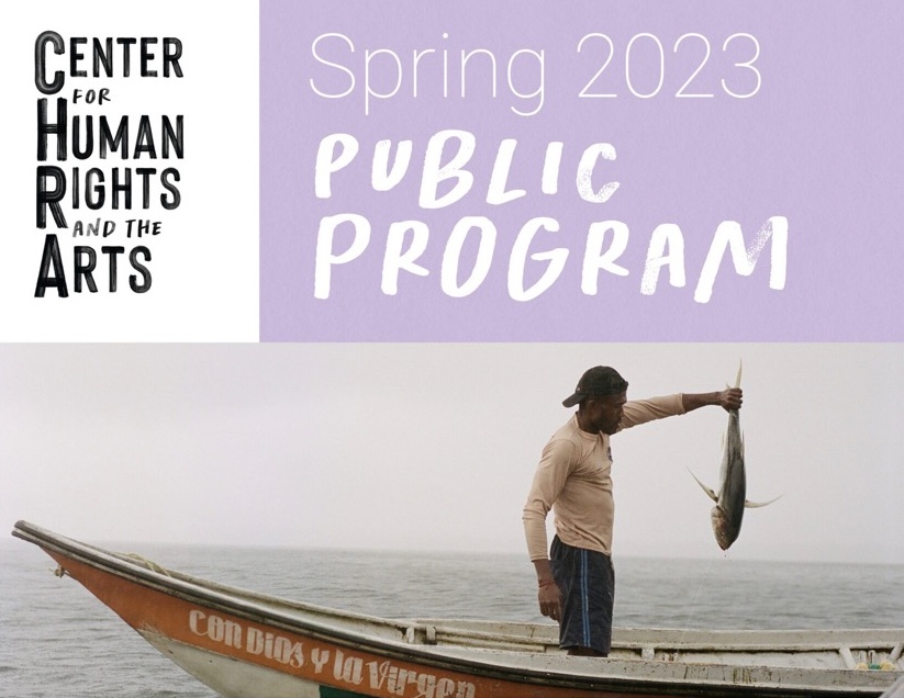 Purple with white text: Spring 2023 PUBLIC PROGRAM. An image of a man at sea holding up a caught fish.