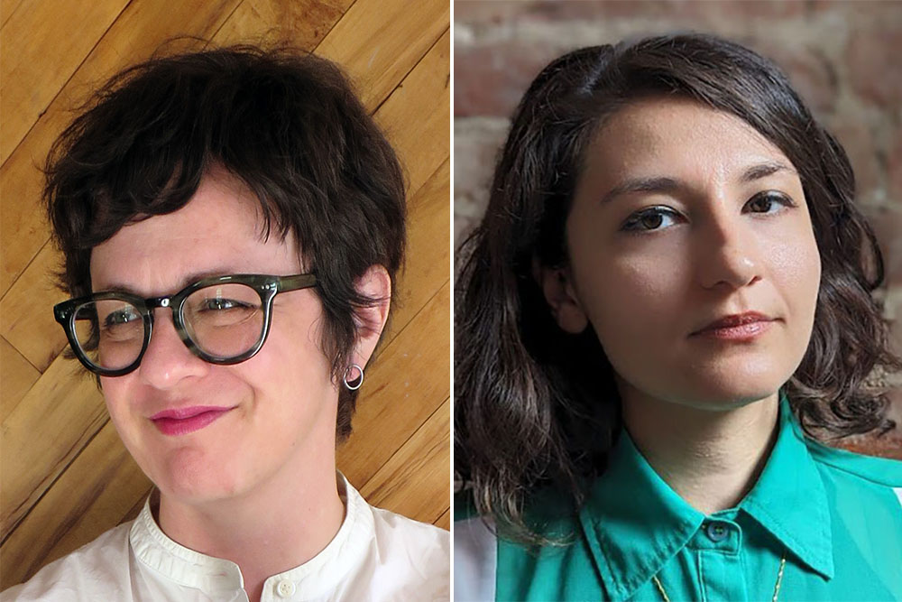 left, a woman in glasses and a white shirt; right, a woman in a teal button down collared shirt