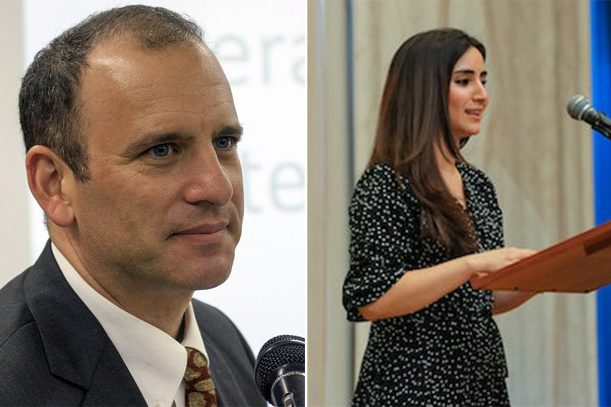 Left, a man looks ahead. Right, a woman speaks at a podium.