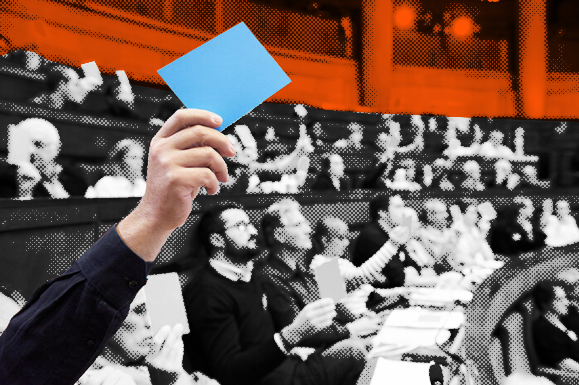 a hand holds up a ballot against a stylized backdrop&nbsp;