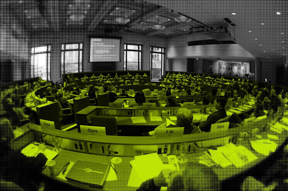 a green composite graphic showing a meeting room where participants are gathering