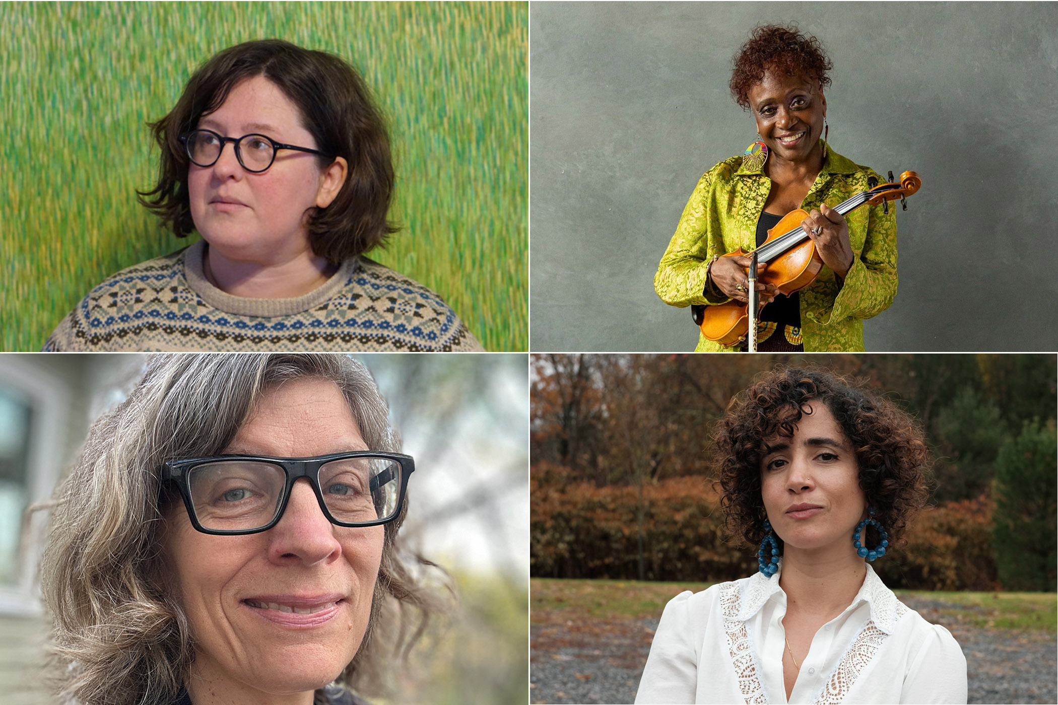 A quad format featuring individual portraits of four people