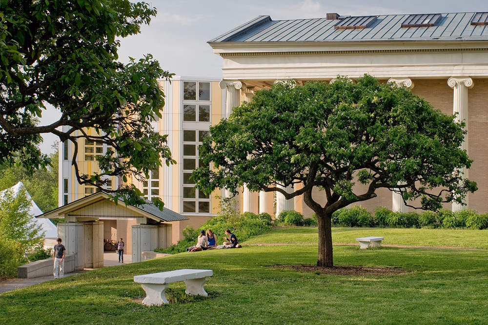 a library with columns amidst lush greenery
