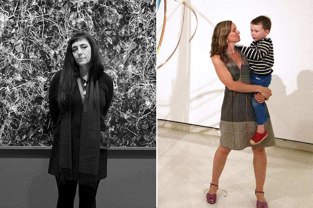 left, a black and white photo of a woman againt a backdrop of art. right, a woman holding a young boy in her arms in a gallery space