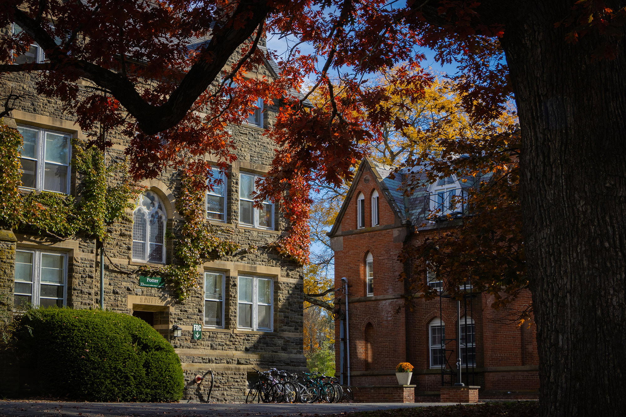 an old stone building and a brick building on a leafy campus in fall