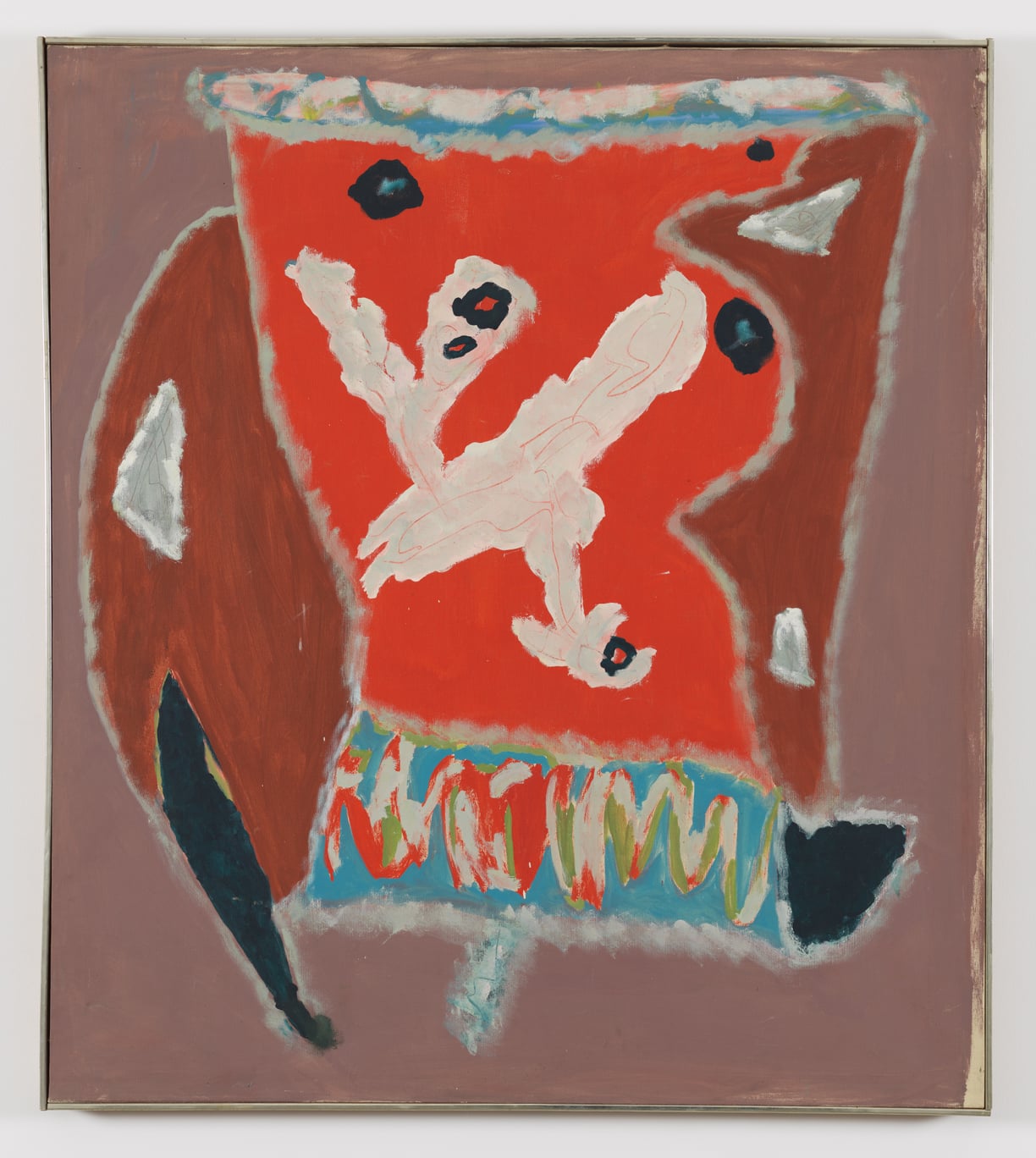Detail from an orange, blue, and beige painting by Betty Parsons.