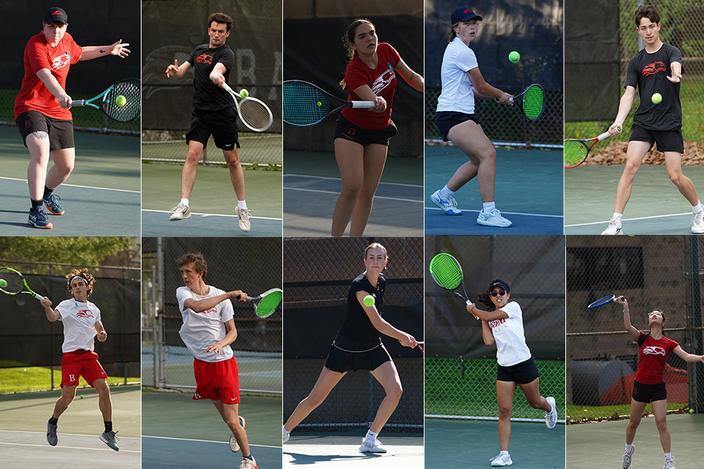 Ten student tennis players in a 5 by 2 grid, playing tennis.