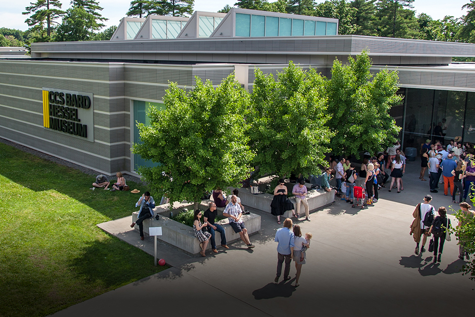Aerial photograph of the Hessel Museum of Art, with people gathered outside.
