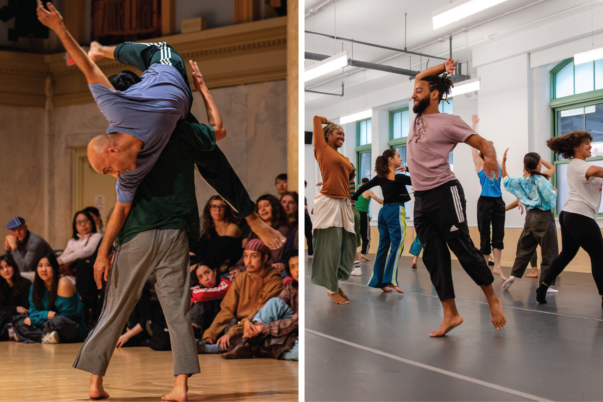 Two images: performance at left, where one dancer is lifted another; a movement workshop at right