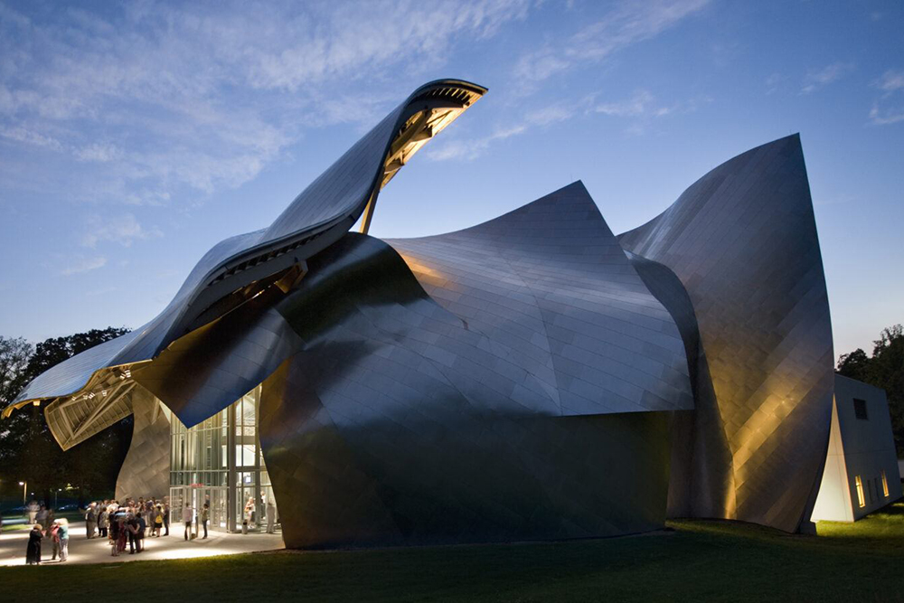 A photo of the Fisher Center at dusk