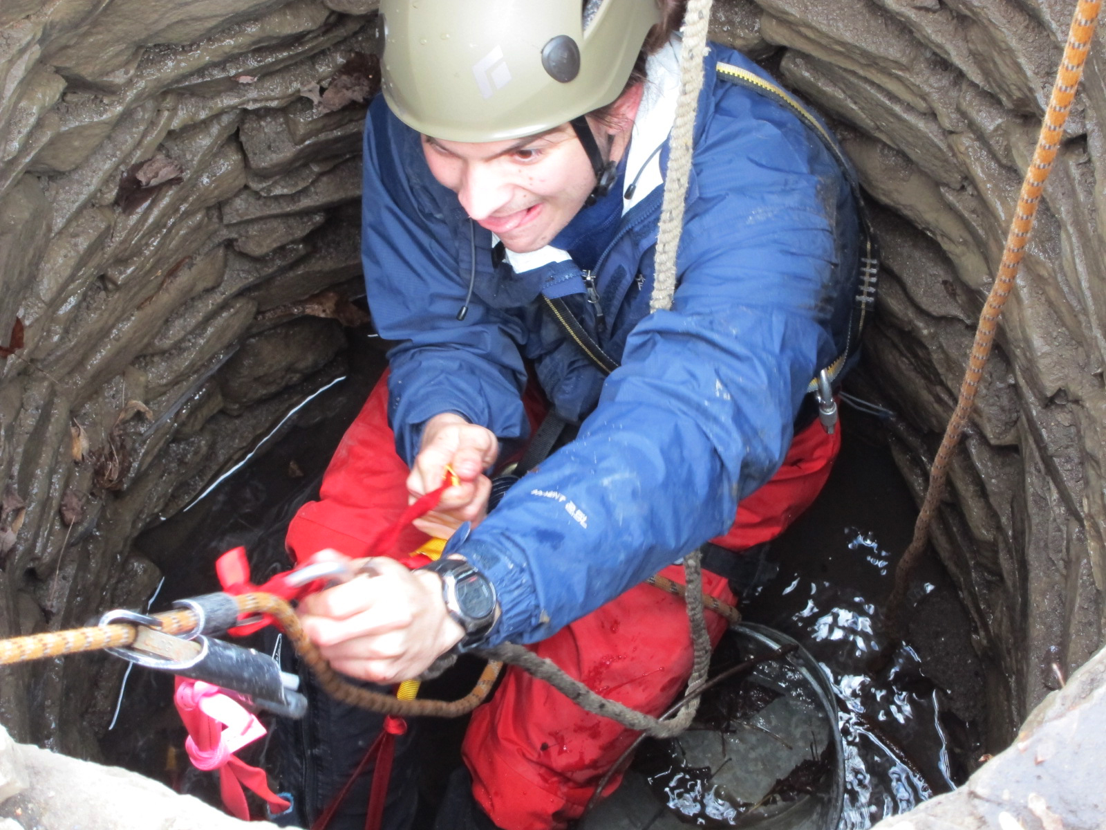 Student repels down to hang above water
[Photo from a slideshow exhibit of
Germantown Archaeology Project]