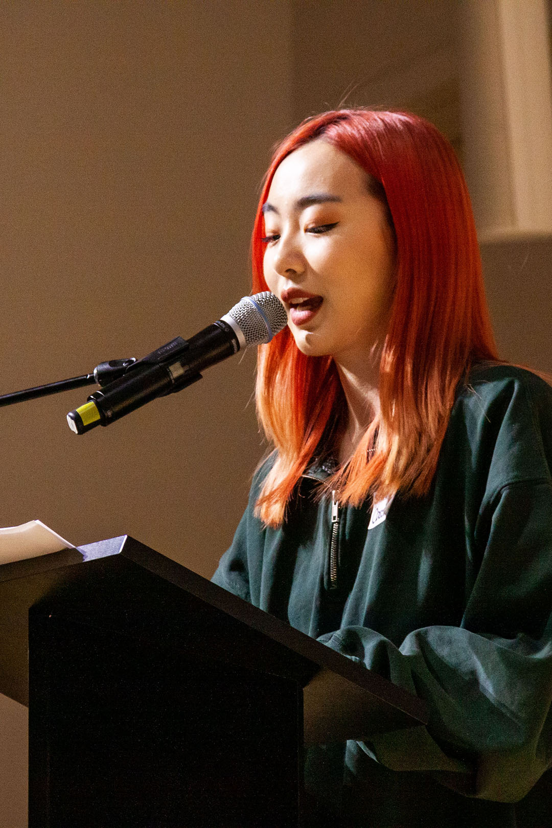 Caroline (Ziyue) He &#39;23 addresses the audience. Photo by& Rock Huang &#39;20