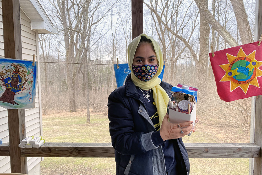 Bard College Office of Sustainability intern Khadija Ghanizada ’23 constructs bee habitats for the MLK Day of Engagement. Photo by Sonita Alizada &rsquo;23