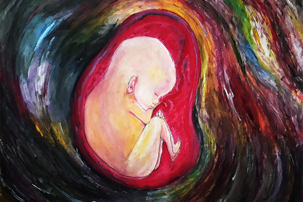 BRAC University student Sarder Mostakim Hasan&#39;s painting &quot;In the Peaceful Place&quot; depicts a fetus at rest in its&nbsp;mother&#39;s womb. &quot;The universe is like our mother, and the earth is the red womb. It can be a peaceful place, or else we can make it peaceful together,&quot; he says.