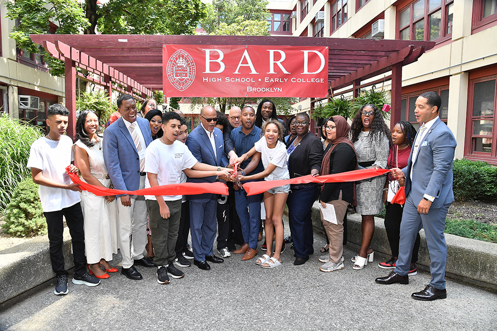 L-R: Superintendent Tamra Collins, Principal David Allen, NYCPS Chancellor David Banks, Bard President Leon Botstein, Councilmember Chris Banks, Bard Vice President and Dean of Early Colleges Dumaine Williams, Deputy Brooklyn Borough President Kim Council, Sen. Roxanne Persaud, Assemblywoman Latrice Walker, NYCPS Head of School Design Shawn Rux, among members of BHSEC Brooklyn&rsquo;s inaugural class. Photo by Danny Santana Photography