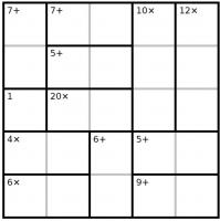 Juego D: Completa esta grilla de 5x5 de KenKen con los números 1, 2, 3, 4 y 5. Cada número aparece una sola vez en cada fila y en cada columna. Los números en cada región, al combinarlos con la operación dada, dan por resultado el número que se muestra en pequeñito.