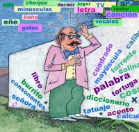 <strong>El lío de palabras del profesor DiZi:</strong> Ayúdalo a encontrar las 10 palabras relacionadas con el deletreo. Ilustración de María Cristina Brusca