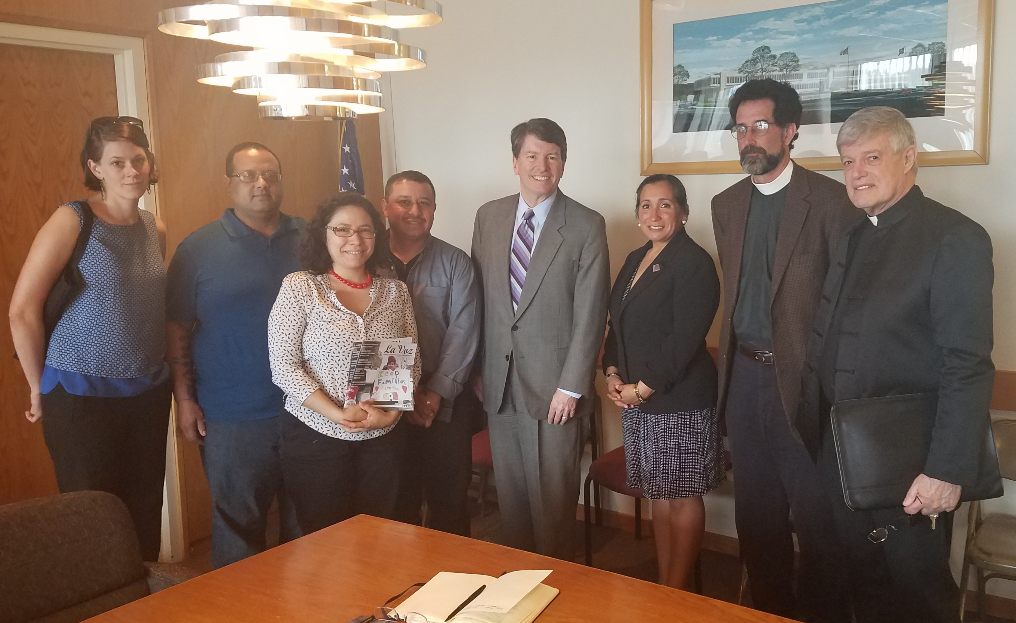 From left to right: Emma Kreyche, Porfidio Vega, Mariel Fiori, Marco Ochoa, congresista John Faso, Sandra Oxford, Rev. Richard Witt and Fr. Frank Alagna