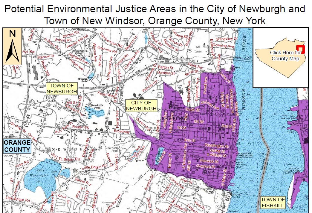 Áreas de posible justicia ambiental en la ciudad de Newburgh y el pueblo de New Windsor. Color violeta muestra las posibles áreas de justicia ambiental. Fuente: US Census 2000.